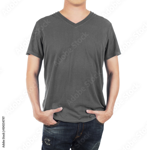 Close up of man in front grey shirt on white background.