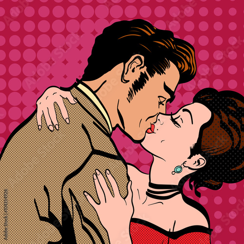 Love story lovers kissing man kisses a woman retro style pop art