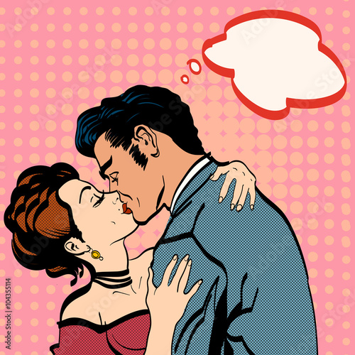 Lovers kissing man kisses woman romantic retro style pop art