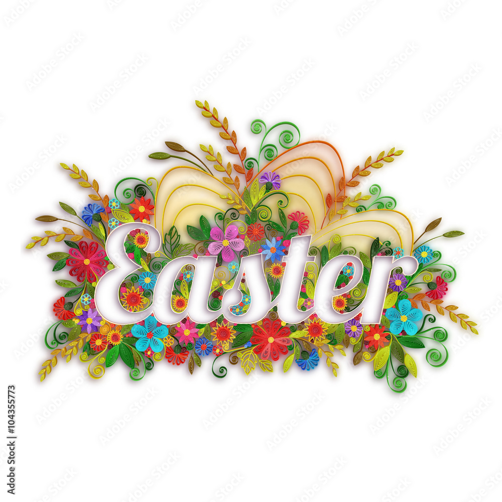 Obraz premium Easter banner with flowers in quilling technique. Vector illustration.