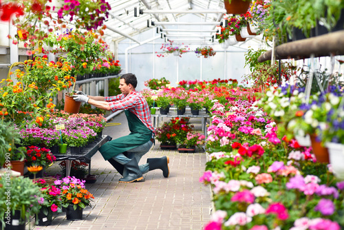 gardener works in a greenhouse with colorful flowers // Gärtner arbeitet im Gewächshaus eines Blumenhandels