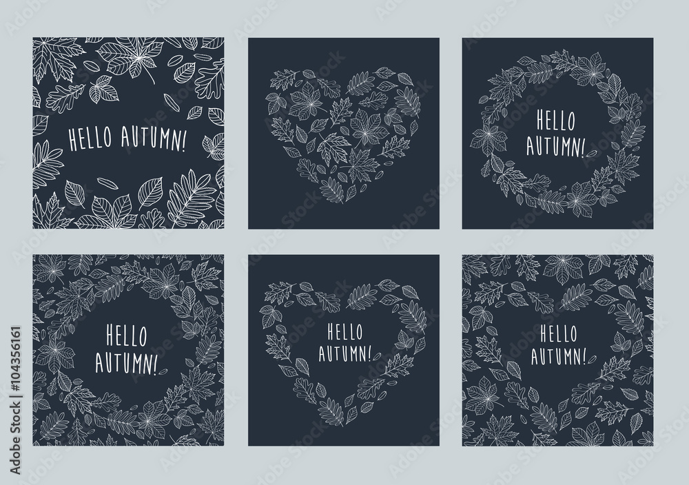Hello autumn! Set of images of leaves of different trees. Fall of the leaves. Hearts and wreath composed of white autumn line art leaves on dark background. Sketch, design elements. Vector.