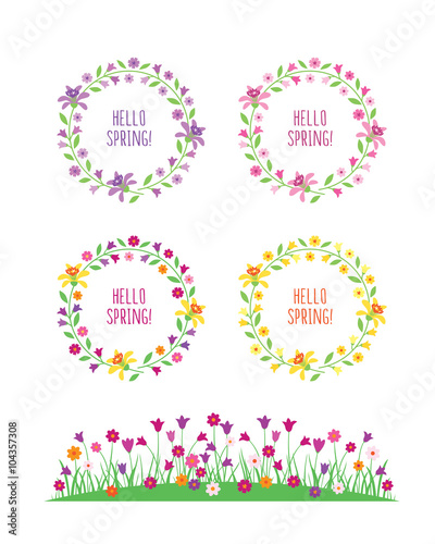 Hello spring. Spring flowers. Wreath of flowers and leaves. Spring, summer elements for your design for wedding, birthday and other holidays. Vector illustration.