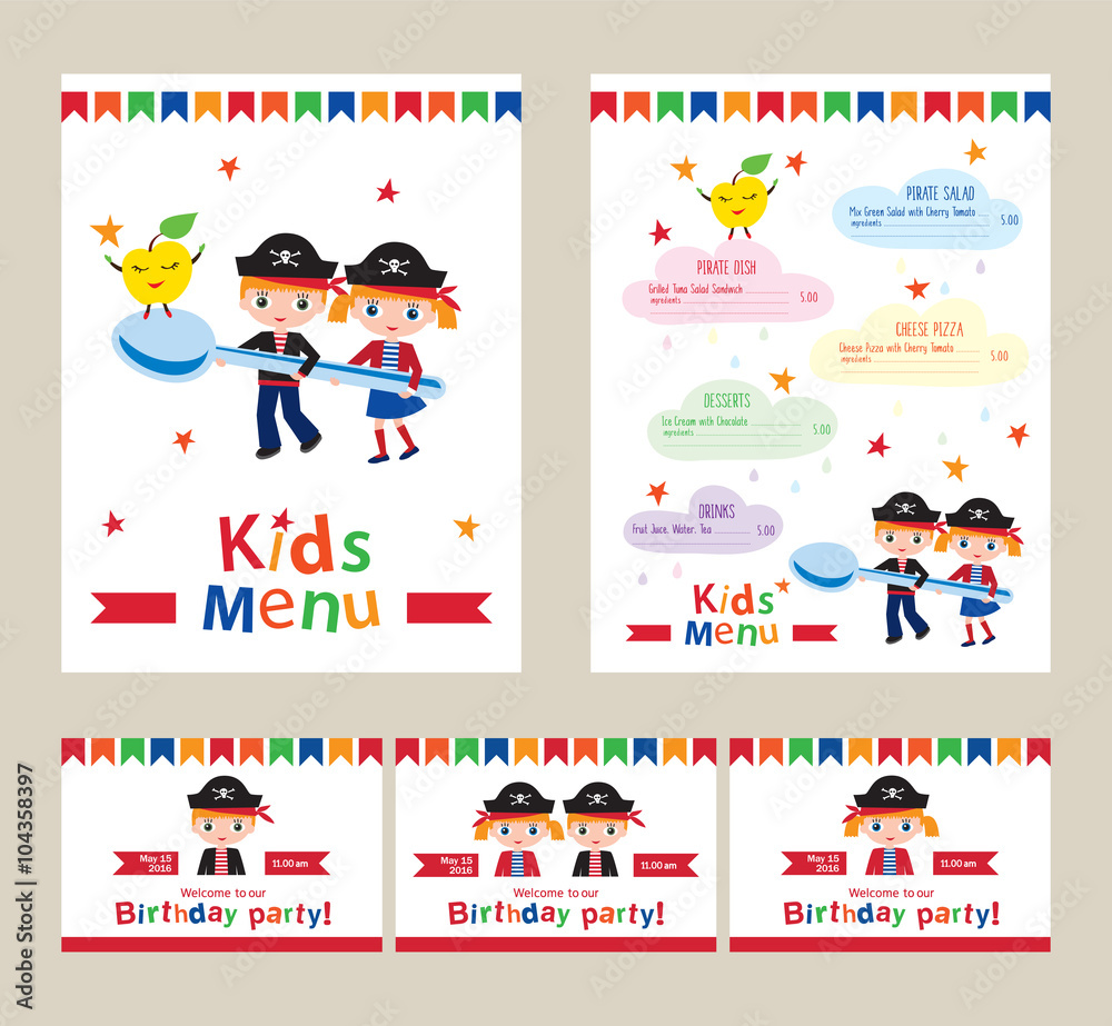 Kids menu vector template. Kids menu for a pirate birthday party. Invitation to a children's party. Pirate birthday. Menu for cafes, restaurants. Cover for children's menu. Sketch for your design.