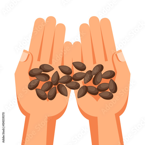 Illustration of human hands holding handful seeds