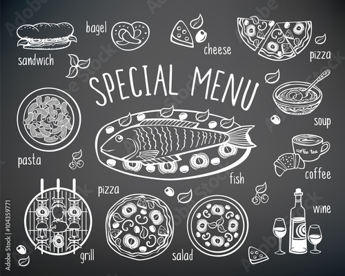 Set of elements for restaurant, cafe menu. Hand drawing with chalk on the black chalkboard. Sketch, design elements. Vector illustration.