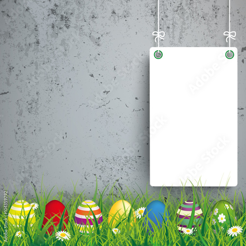 Colored Easter Eggs Grass 2 White Boards Concrete
