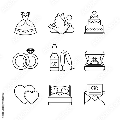 Wedding and marriage thin line art icons set