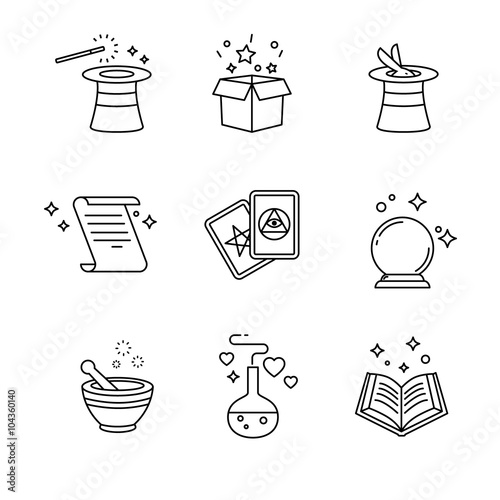 Magic and magician tools. Thin line art icons set