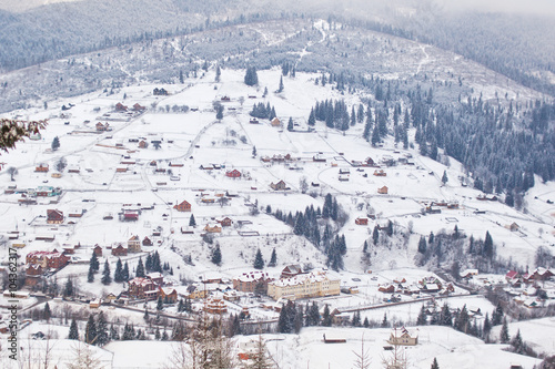 Mountain  village on the slopes of the Carpathian Mountains in winter. Ukraine © Oleksii Nykonchuk