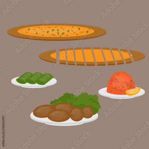 Common main and side dishes, pide, dolma, kisir and kofte. Turkish pizza, lentil salad, cutlet and stuffed grape leaves. Traditional food of Turkish cuisine.