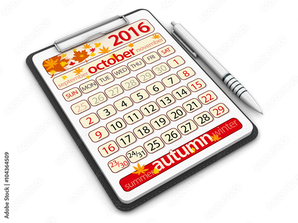 Clipboard with october 2016. Image with clipping path Clipboard with october 2016. Image with clipping path