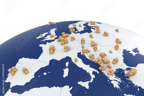 Fototapeta Naklejka Na Ścianę i Meble -  Cardboard boxes on the Europe map