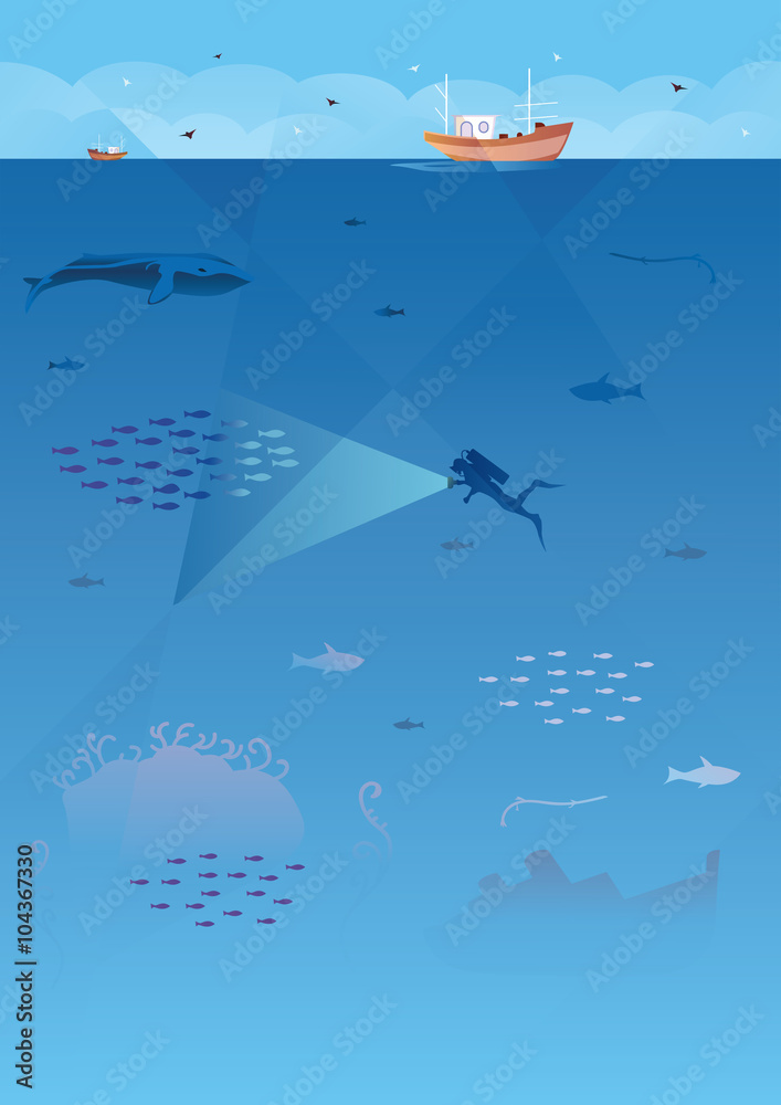 Seamless sea background with ships and fishes.