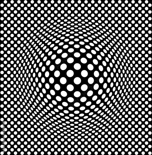 An emerging sphere on a dotted plan  simple optical illusion of a space distortion in black and white.