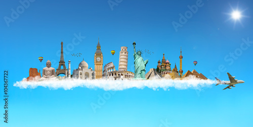 Famous monuments of the world behind a plane in blue sky