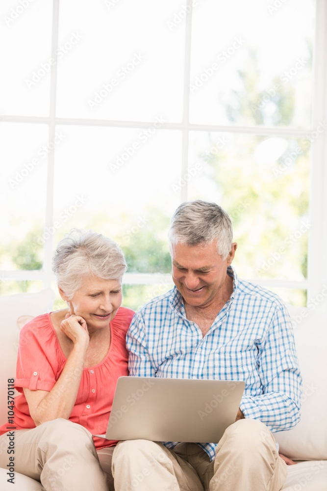 Smiling senior couple using laptop