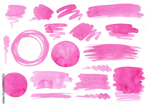 Pink watercolor brush paint texture stains set. Make up colors.