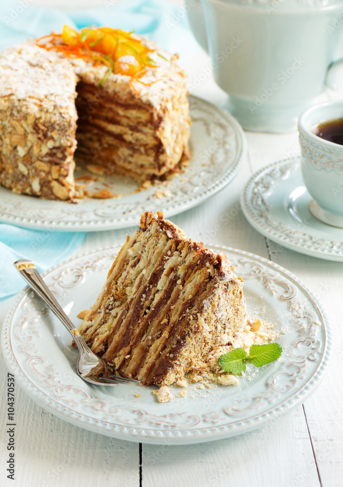 Napoleon cake with chocolate cream. Napoleon cake with chocolate cream.