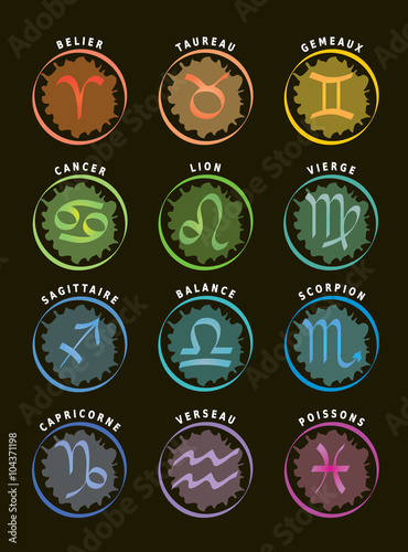Signes du Zodiaque / 12 Icônes d'Astrologie avec leur Noms en Français - Fond Noir 