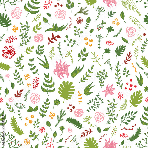 Vector seamless hand drawn floral pattern - flowers  branches  leaves.