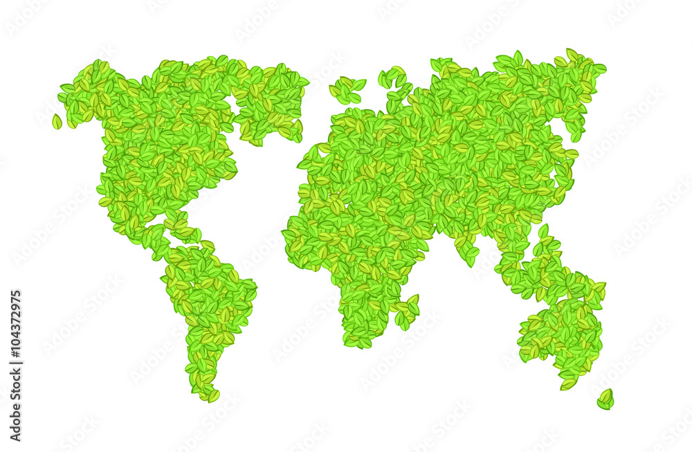 vector world map with leaves on a white