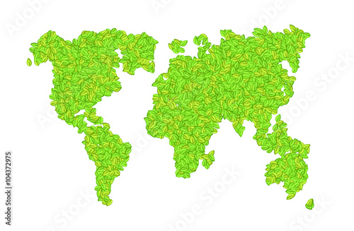 vector world map with leaves on a white