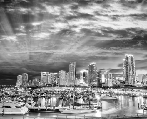 Black and white view of Miami night skyline  Florida