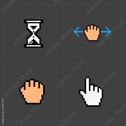 Pixel colorful cursors icons on black.Vector Illustration. 