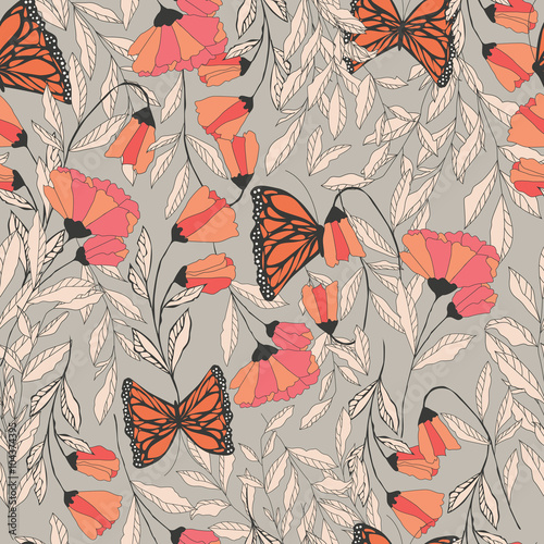 Vector traditional seamless pattern with Monarch butterflies, fl