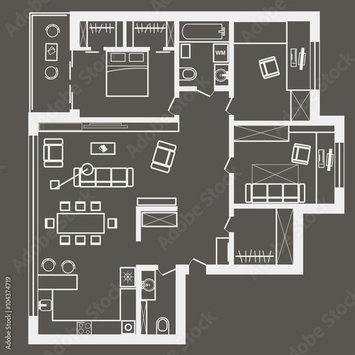 linear architectural sketch plan of three bedroom apartment on gray background