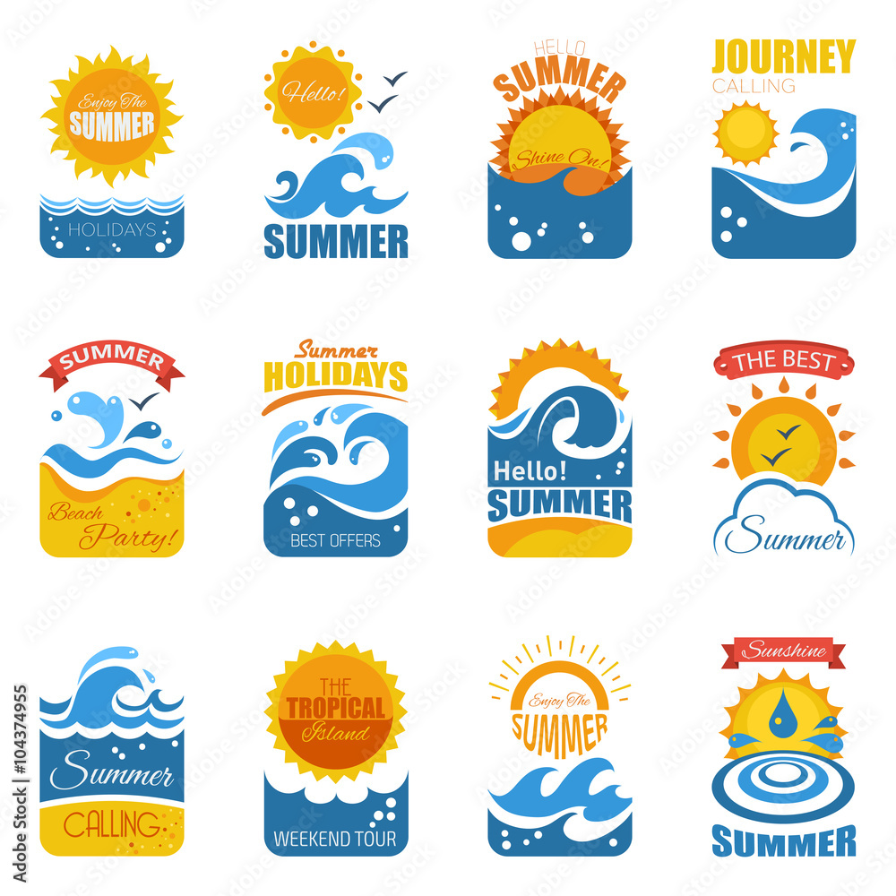  Summer Label Set With Wave And Sun