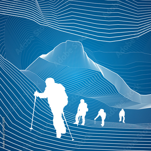 Hikers in the mountains, climbing in tandem, extreme sport, white lines, abstraction composition, vector design art