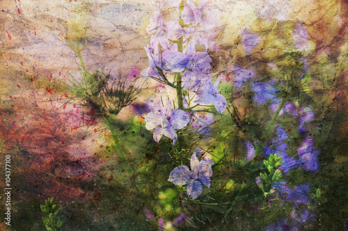 artwork with blue delphinium flowers and watercolor spatter