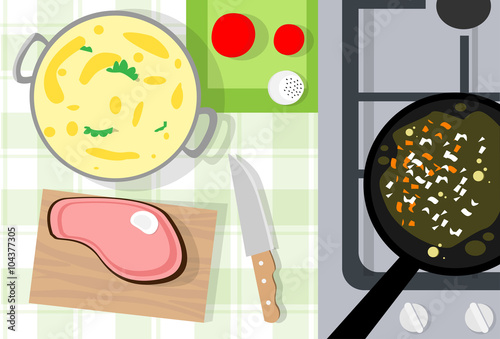 Cooking Process Table, Steak on Board, Frying Pan, Saucepan Top Angle View 