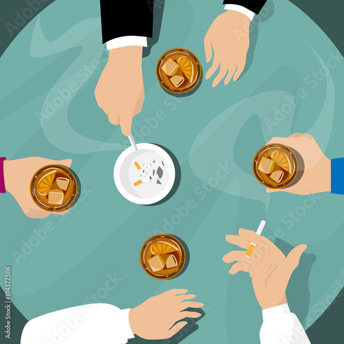 People Hand Group Hold Whiskey Glasses, Smoking Bar Table