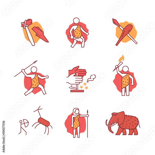 Primitive prehistoric caveman of ice age signs set