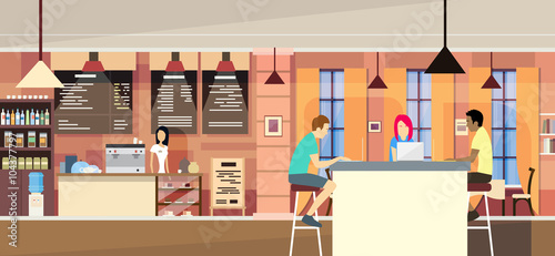 Casual People Group In Modern Cafe Sit Chatting, Students University Campus
