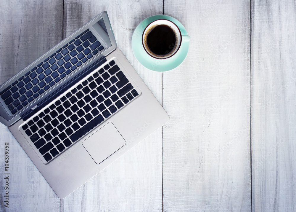 Laptop coffee cup work place on wooden background empty space. Laptop coffee cup work place on wooden background empty space.