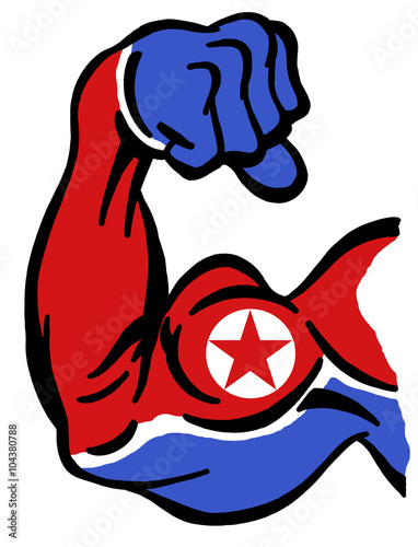 Biceps painted with colors of North Korean flag as symbol of power of Kim Jong-un, supreme leader of North Korea photo