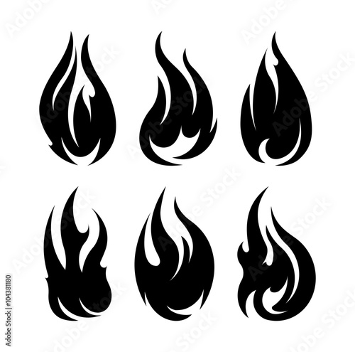 Set of 6 black fires for design or tattoo.