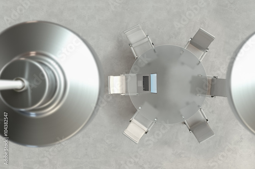 Empty workspace on glass PLAN table. Top view. High resolution render. Business concept