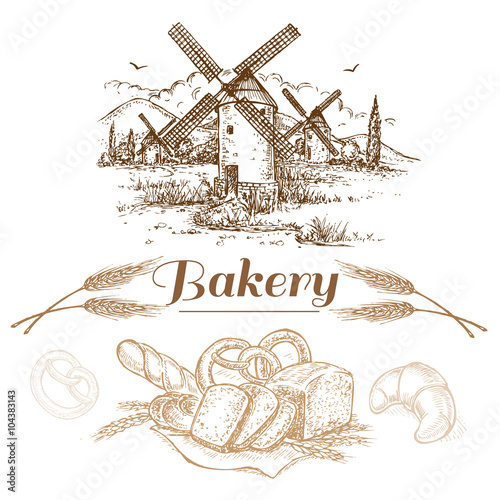 hand drawn sketch illustration bakery  set