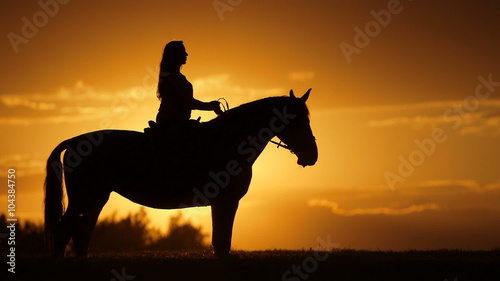 Young woman riding horse into bright sunset. Beautiful Young woman riding horse into amazing sunset
