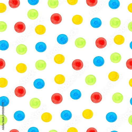 Watercolor seamless pattern of blue, yellow, green and red circles randomly distributed
