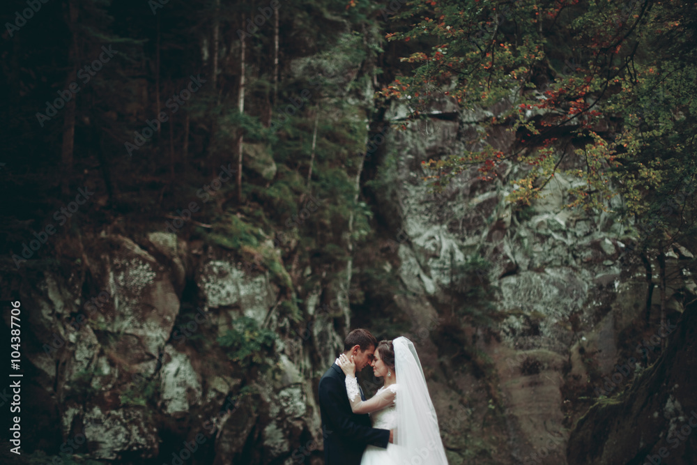 Beautiful wedding couple stay on stone of the river in scenic mountains Beautiful wedding couple stay on stone of the river in scenic mountains
