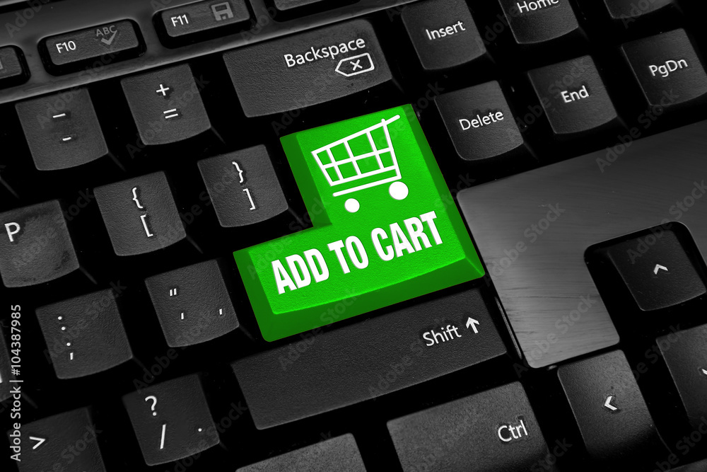 Computer keyboard with green add to cart button Computer keyboard with green add to cart button