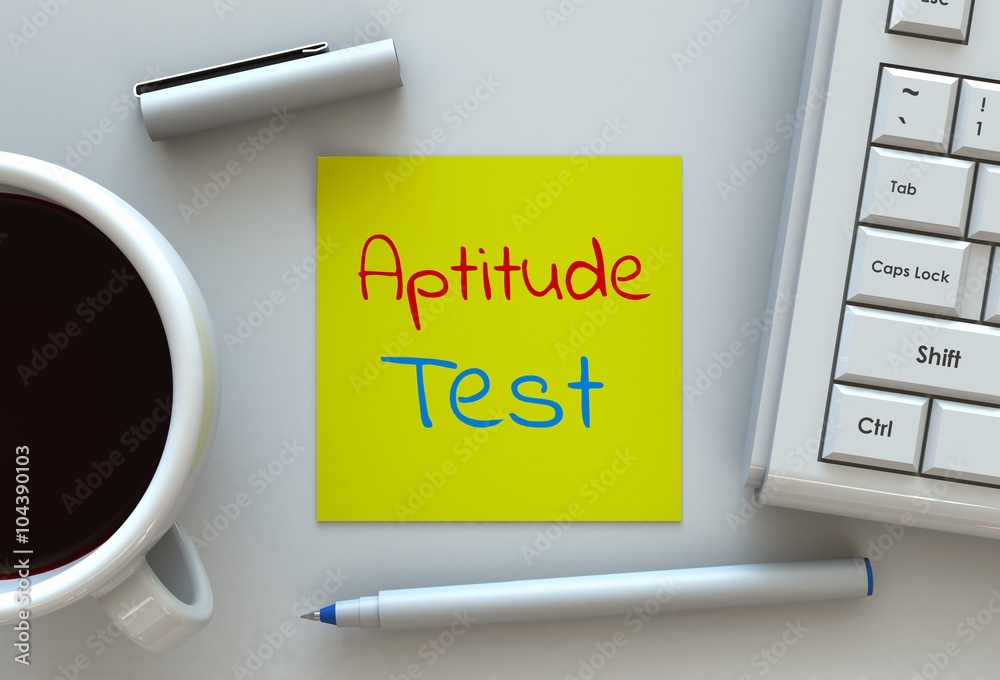 Fotografie Aptitude Test, message on note paper, computer and coffee on table