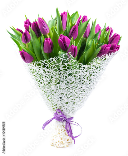 Fototapeta Naklejka Na Ścianę i Meble -  bouquet of 25 purple tulips, isolated on white background, shall