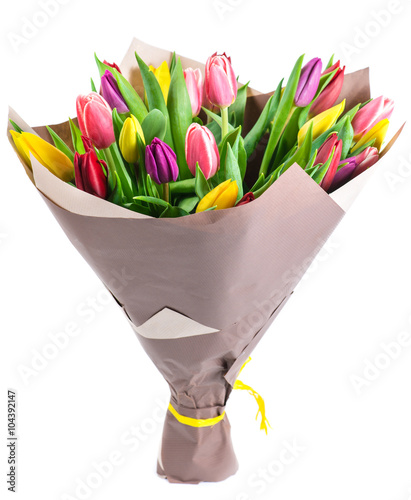 Fototapeta Naklejka Na Ścianę i Meble -  bouquet of 25 colorful tulips in kraft paper, isolated on white
